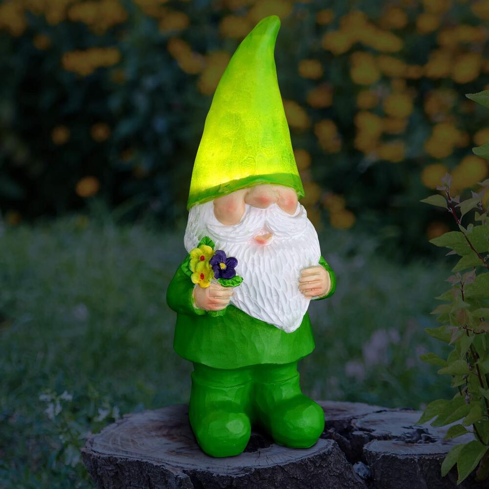 6410 Solar Green Woodland Garden Gnome Statue, LED Hat, Durable Resin, Cute